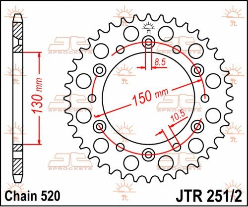 CORONA JT ACCIAIO YAMAHA WR 450 F 2003-2022 47 denti Diametro 130 mm - Passo 520 - Versione ZBK: con zincatura nera