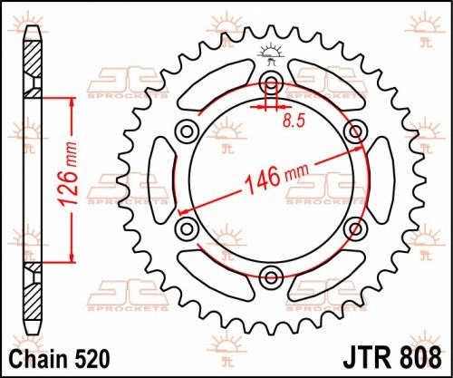 CORONA JT ACCIAIO SUZUKI RM 250 1987-2012 50 denti Diametro 126 mm - Passo 520 - Vers. SC: Autopulente e con zincatura nera