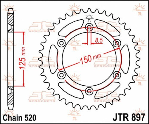 CORONA JT ACCIAIO KTM 520 EXC 2000-2002 40 denti Diametro 125 mm - Passo 520 - Vers. SC: Autopulente e con zincatura nera