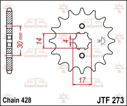 PIGNONE ACCIAIO JT Passo 428 - 16 denti - Diam. 14x17x4 PIT BIKE Motore cinese